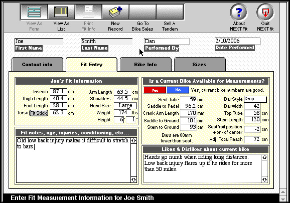 First sample page of the NEXT-FIT bike fitting software, showing the entering of body measurements